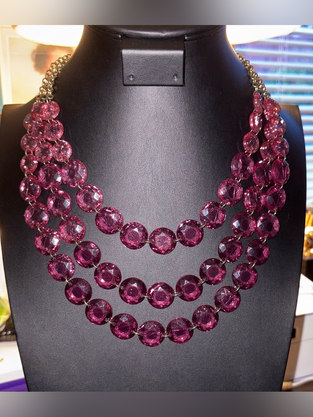Pink Multi-Strand Statement Necklace Faceted Acrylic Bib Necklace Glam Jewelry